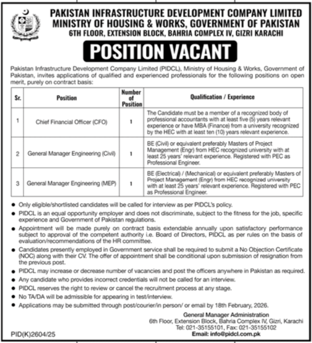 Pakistan Infrastructure Development CO LTD Jobs 2026 – Private Company Jobs 2026 — original advertisement