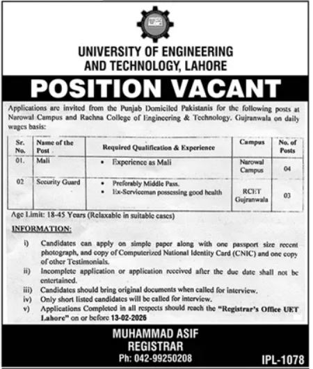 University of Engineering and Technology UET Lahore Jobs – University of Engineering  & Technology Lahore Jobs 2026 — original advertisement