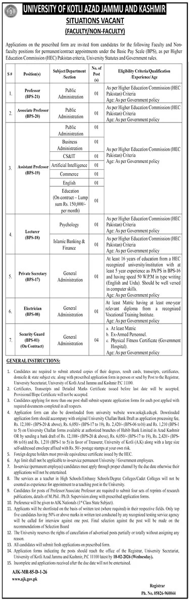 University Of Kotli Azad Jammu & Kashmir Jobs 2026 – University of Azad Jammu & Kashmir Jobs 2026 — original advertisement