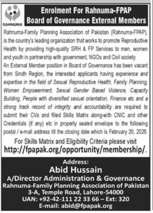 Rahnuma Family Planning Association Lahore Job 2026 – Rahnuma Family Planning Association of Pakistan Jobs 2026 — original advertisement