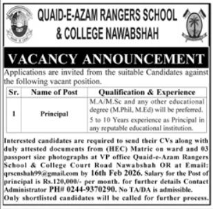 Quaid E Azam Rangers School & College Nawabshah Job 2026 – Quaid E Azam Rangers School and College Jobs 2026 — original advertisement