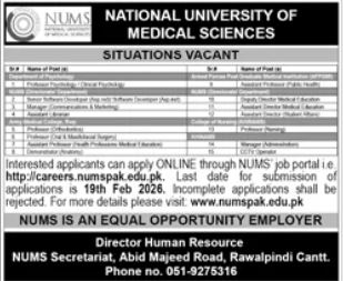National University Of Medical Sciences NUMS Jobs 2026 – National University of Medical Science NUMS Jobs 2026 — original advertisement