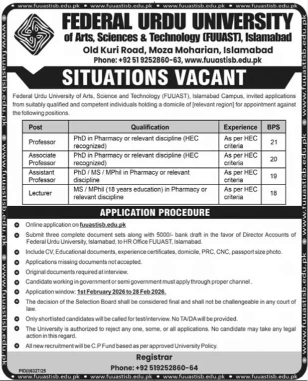 Federal Urdu University Islamabad Jobs 2026 – Federal Urdu University of Arts, Sciences & Technology, Islamabad Jobs 2026 — original advertisement
