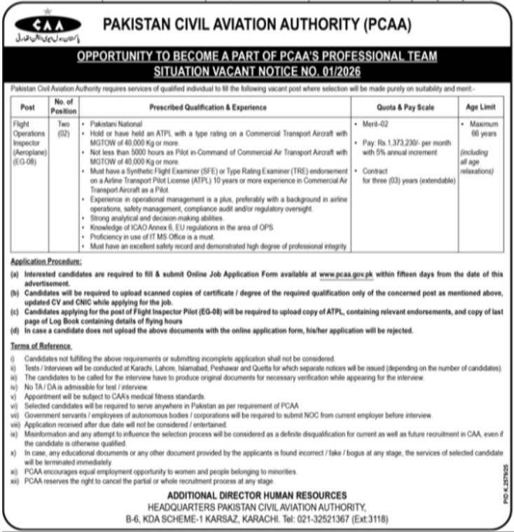 Pakistan Civil Aviation Authority CAA Karachi Jobs 2026 – Pakistan Civil Aviation Authority (CAA) Jobs 2026 — original advertisement