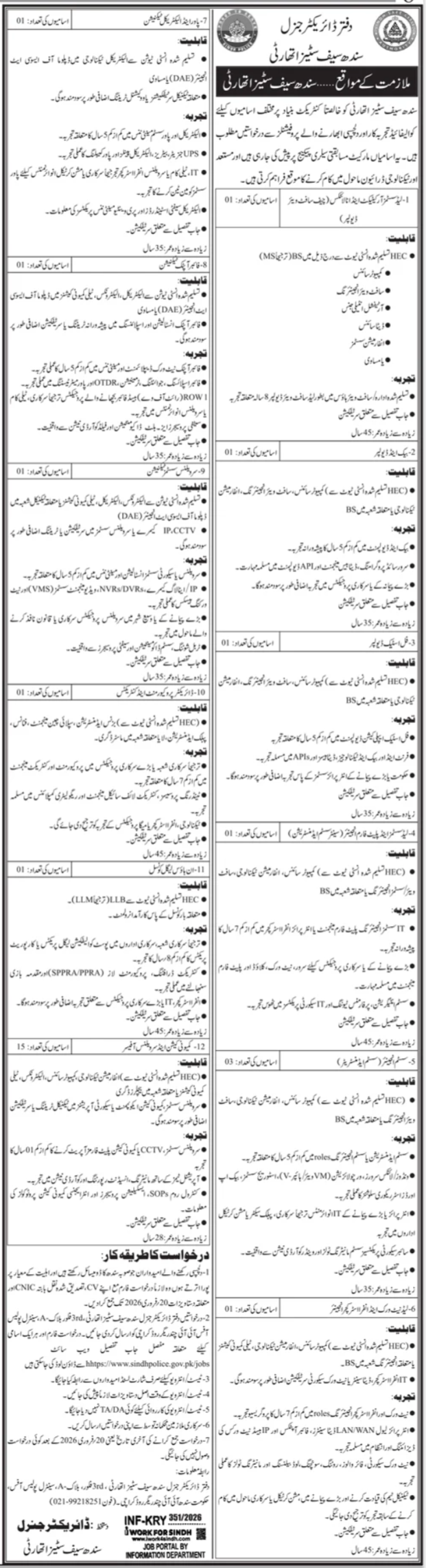 Sindh Safe Cities Authority Karachi Jobs 2026 – Govt of Sindh Jobs 2026 — original advertisement