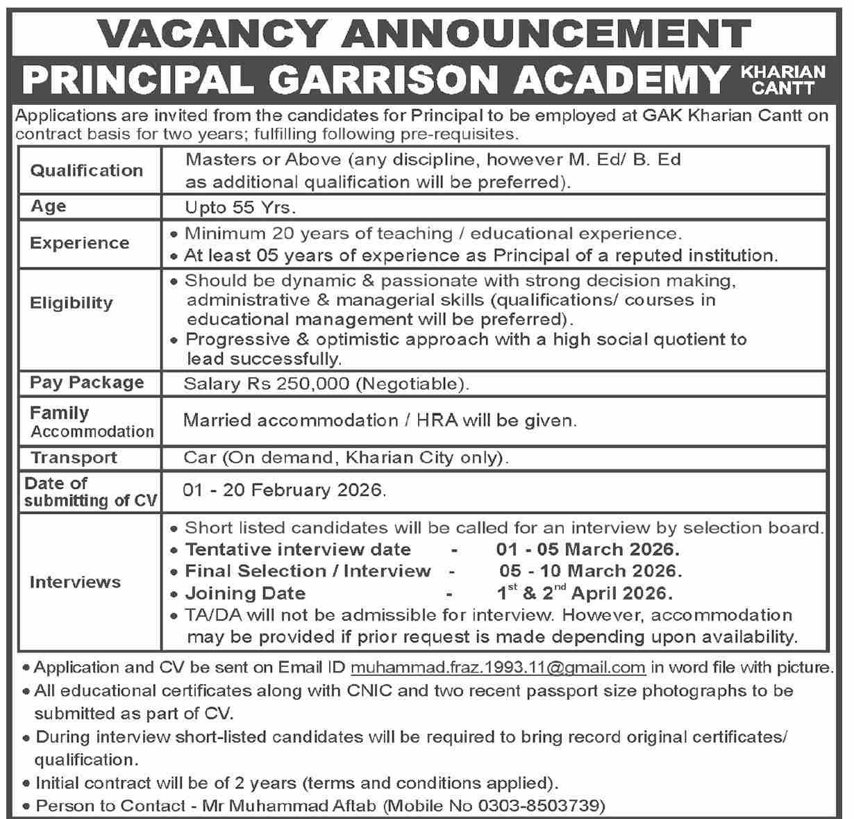 Garrison Academy Kharian Cantt Jobs 2026 – Pakistan Army Jobs 2026 — original advertisement