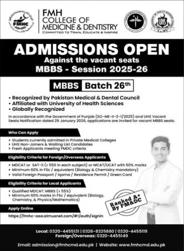 Admission Open in Fatima Memerial Hospital Fmh 2026 – Fatima Memorial Hospital (Fmh) Lahore Admissions 2026 — original advertisement