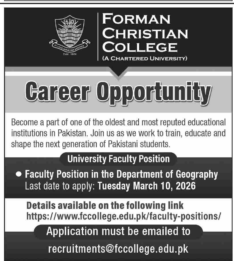 Forman Chrisitian College Lahore Punjab 2026 – Forman Christian College Lahore Jobs 2026 — original advertisement