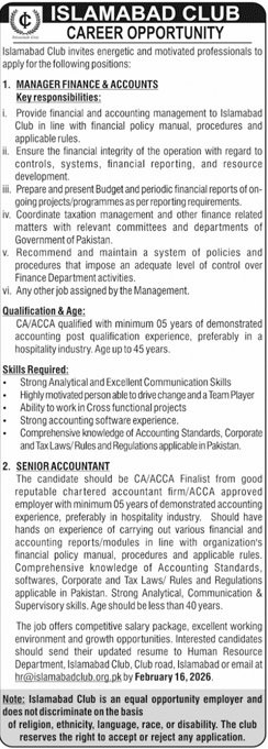 Islamabad Club Jobs 2026 – Public Sector Organization Jobs 2026 — original advertisement