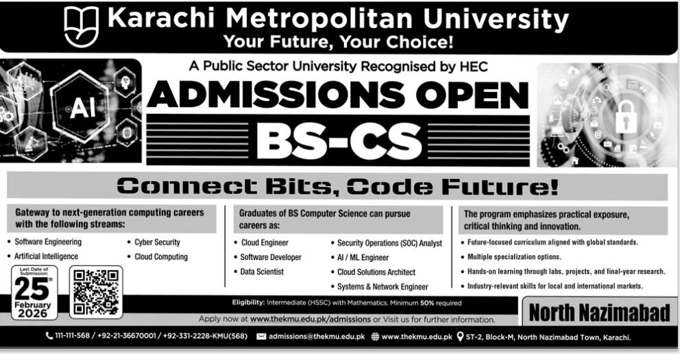 Admission Open in Karachi Metropolitan University 2026 – Public Sector Organization Admissions 2026 — original advertisement