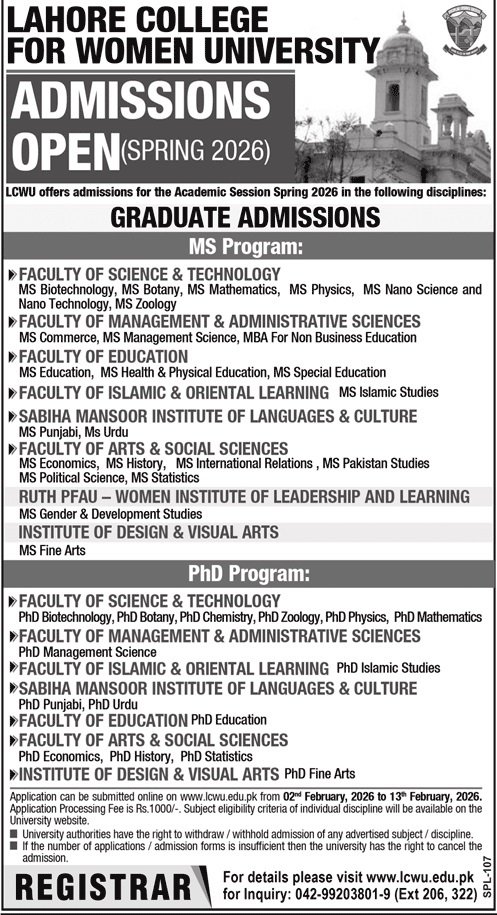 Admission Open in Lahore College For Women University 2026 – Lahore College for Women University Lahore Admissions 2026 — original advertisement