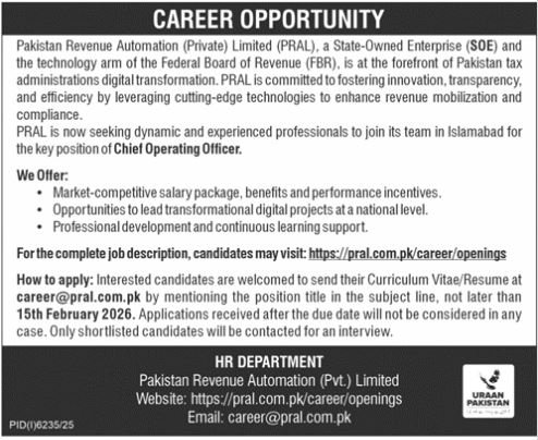 Pakistan Revenue Automation PRAL Karachi Jobs 2026 – Public Sector Organization Jobs 2026 — original advertisement