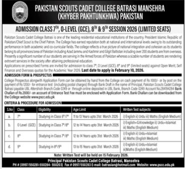 Admission Open in Pakistan Scouts Cadet College Batrsi 2026 – Pakistan Scouts Cadet College Batrasi Mansehra Admissions 2026 — original advertisement