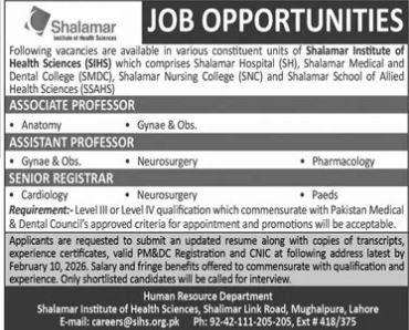 Shalamar Institute of Health Sciences Lahore Jobs 2026 Jobs 2026 — original advertisement