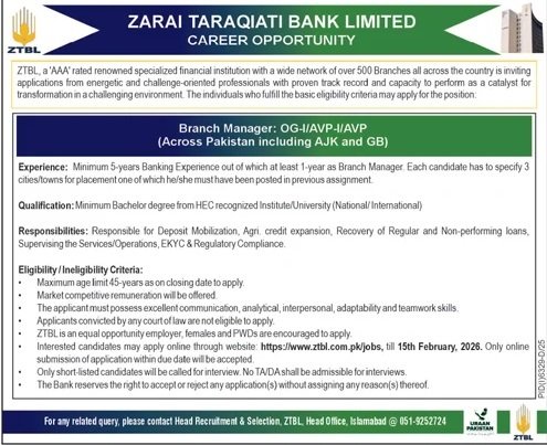 Zarai Taraqiati Bank Limited ZTBL Islamabad Jobs 2026 Jobs 2026 — original advertisement