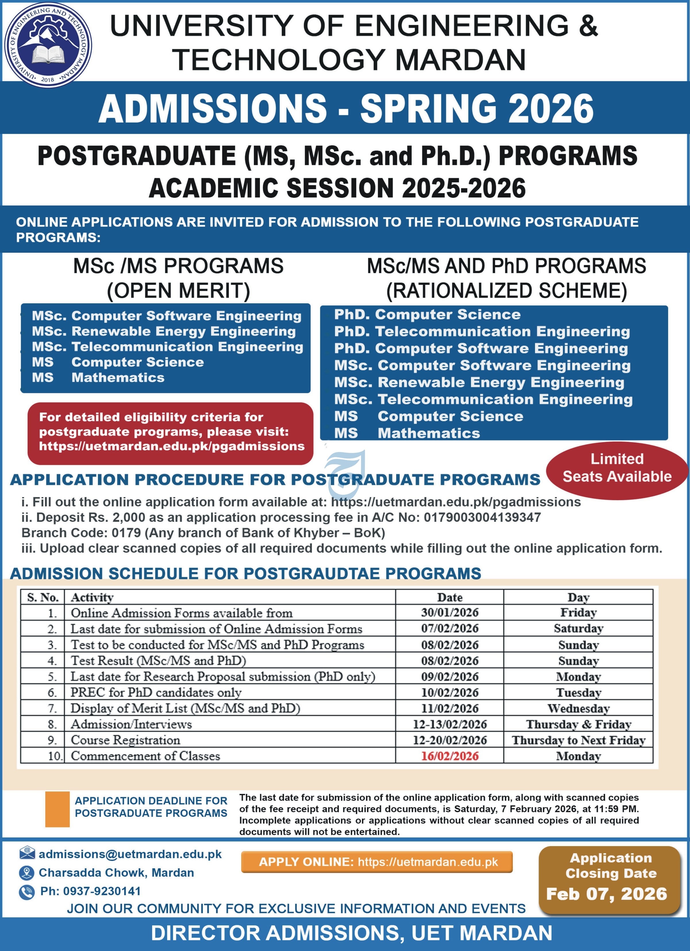 Admission Open in University of Engieering And Technolgy – University of Engineering and Technology Mardan Admissions 2026 — original advertisement