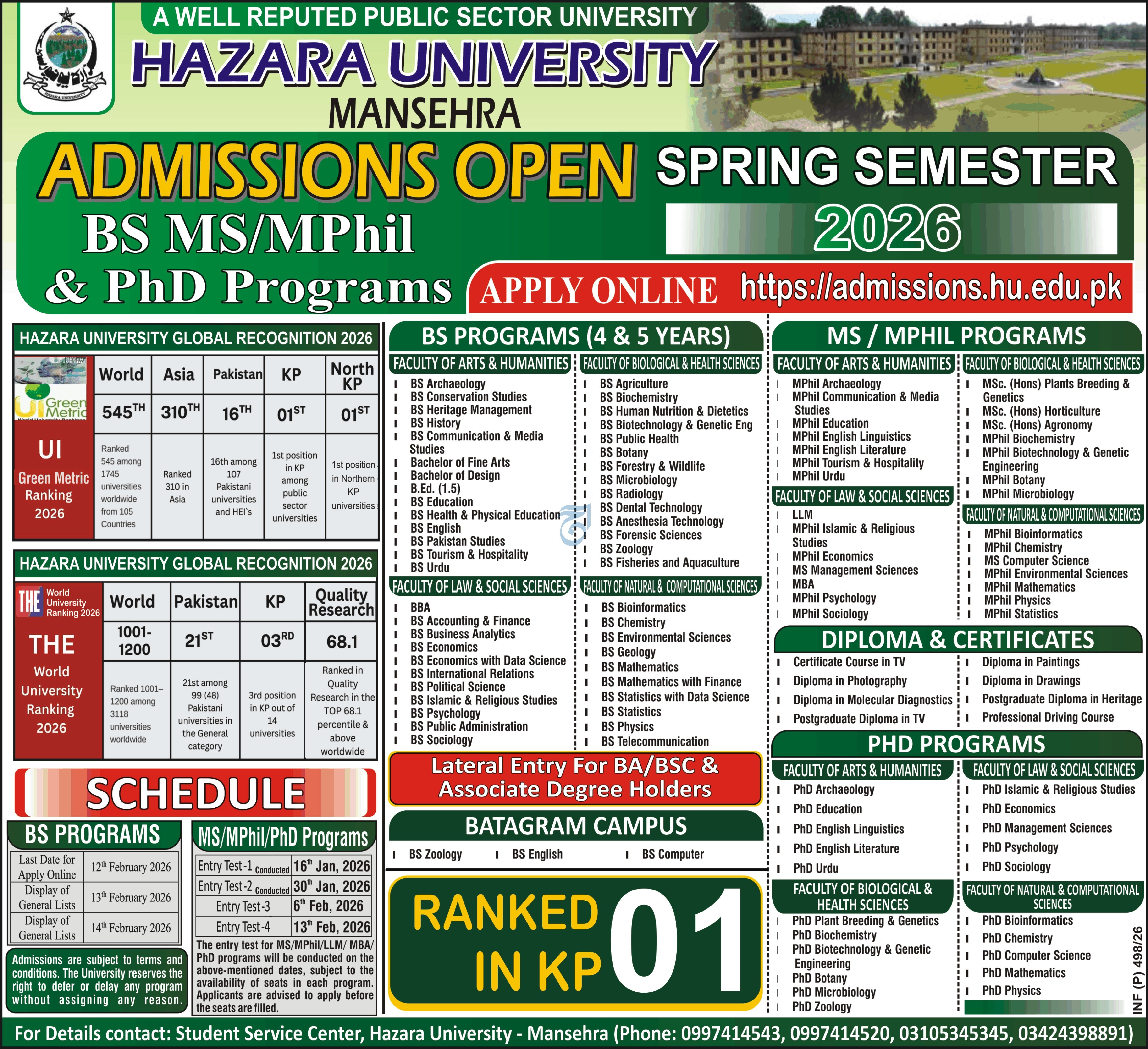 Admission Open in Hazara University Manshera 2026 – Hazara University Mansehra Admissions 2026 — original advertisement