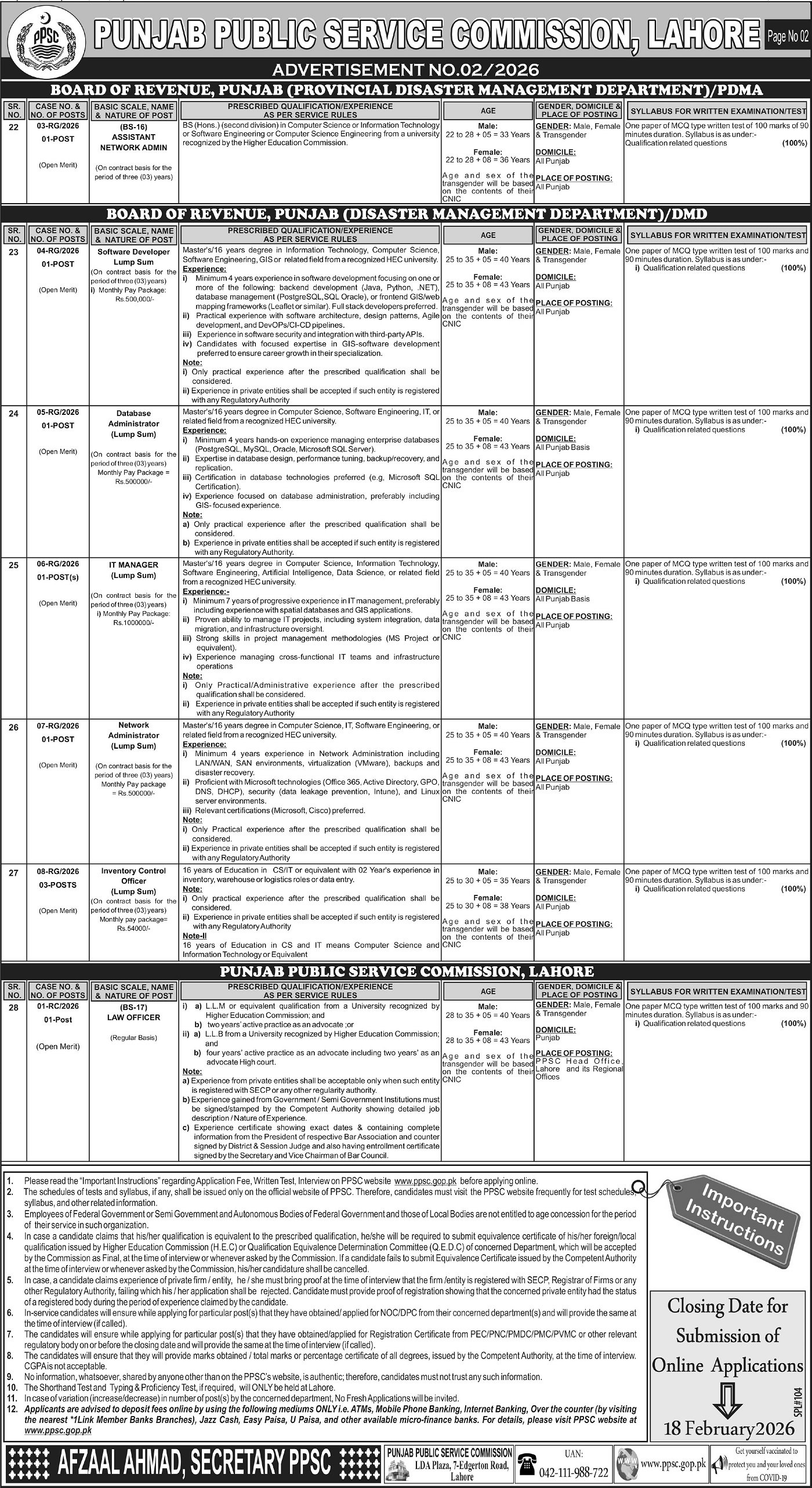 Punjab Public Service Commission PPSC Jobs 02/2026 – Punjab Public Service Commission Lahore Jobs 2026 — original advertisement