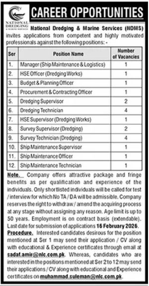 National Dredging & Marine Services NDMS Islamabad Jobs 2026 – Public Sector Organization Jobs 2026 — original advertisement