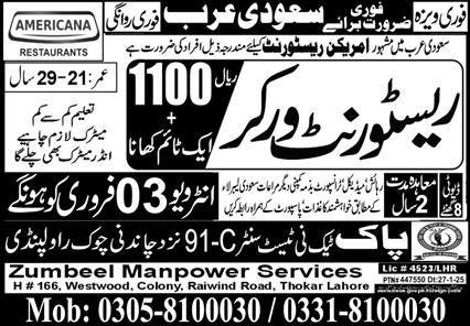 Restaurant Worker Jobs In Saudi Arabia – Pak Techni Test Center Jobs 2026 — original advertisement