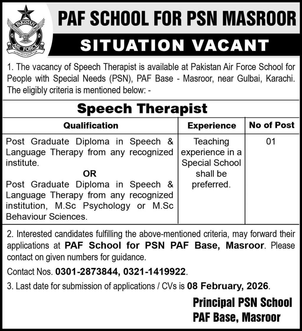 PAF School For PSN Mushaf Karachi Job 2026 – Pakistan Air Force Jobs 2026 — original advertisement