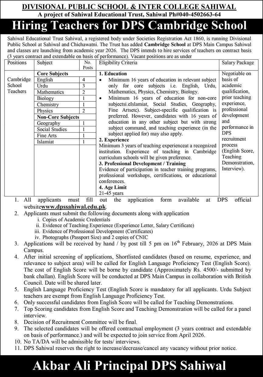Divisional Public School & Inter College Sahiwal Jobs 2026 – Divisional Public School and College Jobs 2026 — original advertisement