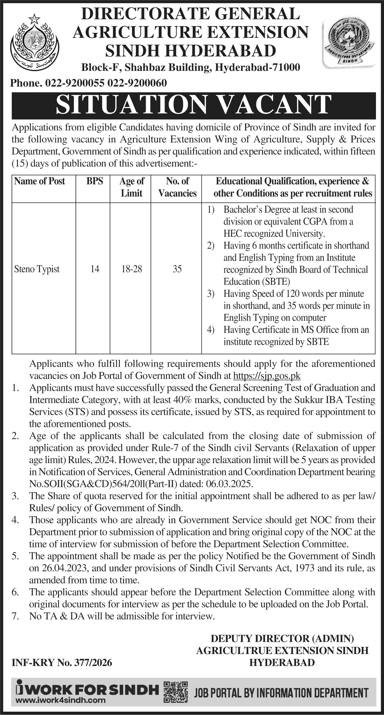Agriculture Extension Sindh Hyderabad Job 2026 – Agriculture Department Sindh Jobs 2026 — original advertisement