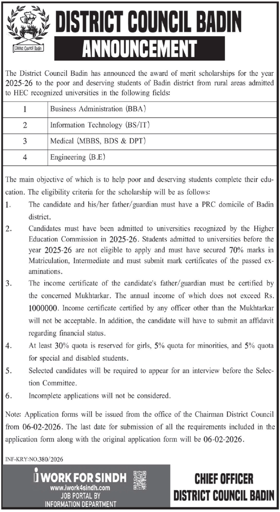 District Council Badin Jobs 2026 Scholarships 2026 — original advertisement