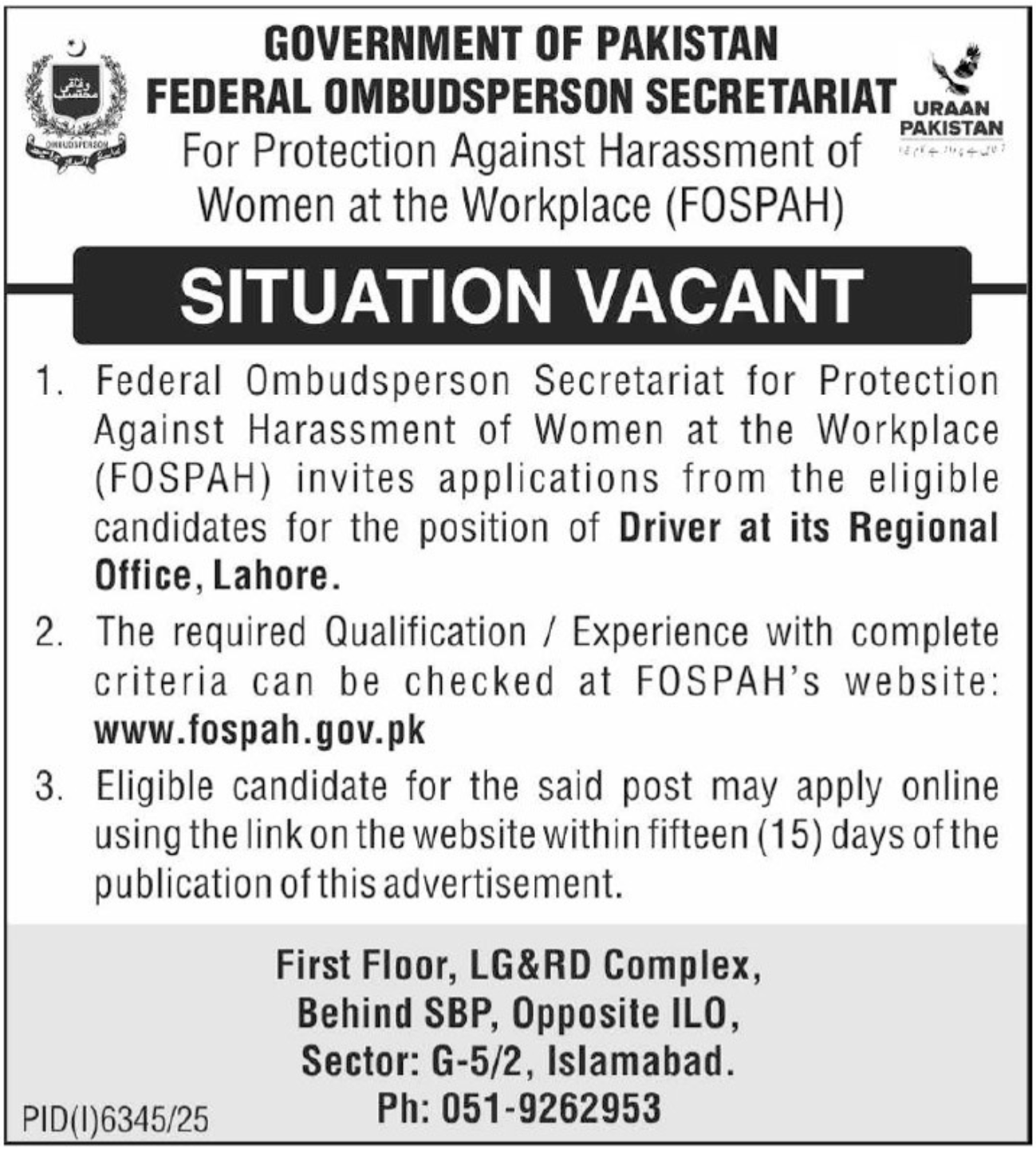 Federal Ombudsperson Secretatiat Islamabad Job 2026 – Federal Tax Ombudsman Secretariat Pakistan Islamabad Jobs 2026 — original advertisement