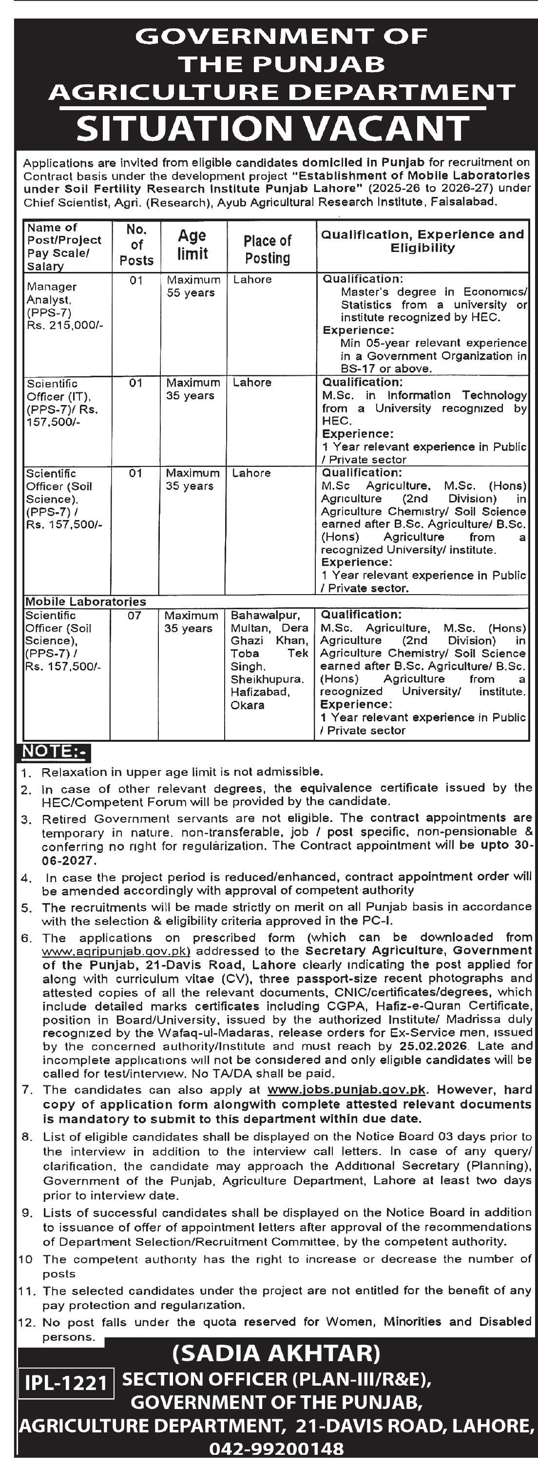 Agriculture Department Lahore Jobs 2026 – Agriculture Department Punjab Jobs 2026 — original advertisement