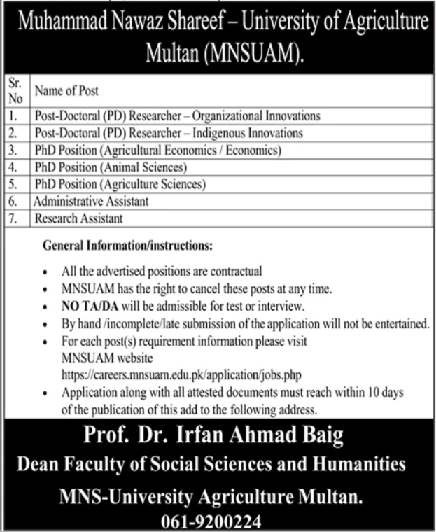 Muhammad Nawaz Shareef University Of Agriculture Jobs 2026 – Muhammad Nawaz Sharif University of Engineering & Technology (MNS-UET) Multan Jobs 2026 — original advertisement