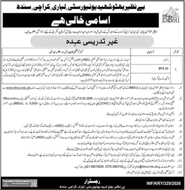Benazir Bhutto Shaheed University Lyari Karachi Job 2026 Jobs 2026 — original advertisement