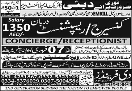 Concierge & Receptionist Jobs 2026 In Dubai – The Friends Overseas Service Jobs 2026 — original advertisement