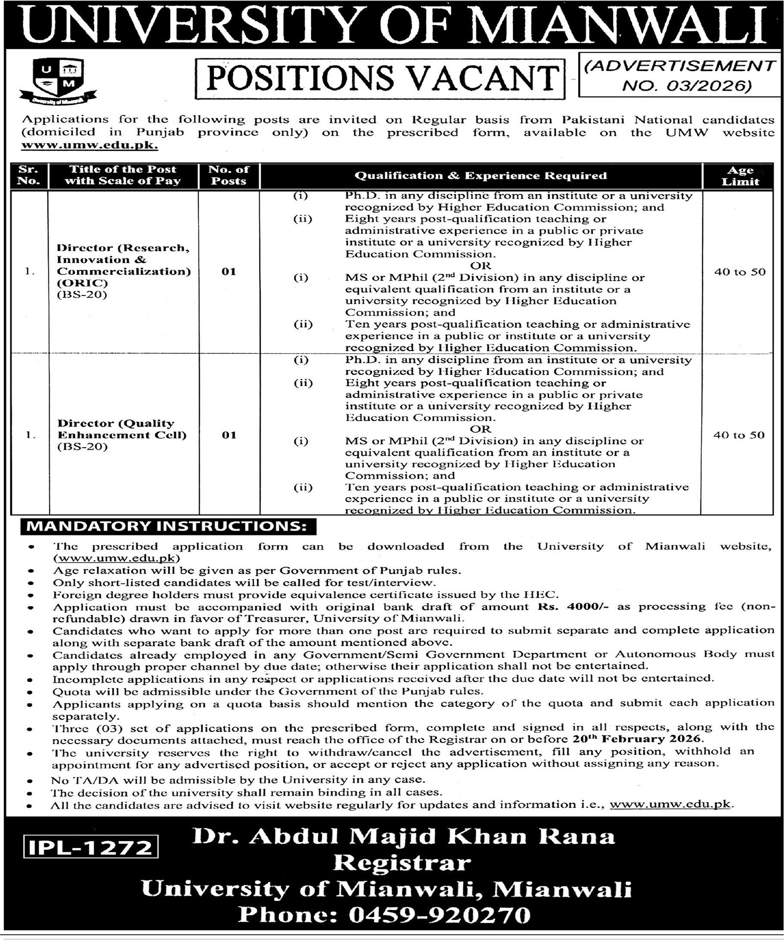 University Of Mianwali UMW Jobs 2026 For Director Jobs 2026 — original advertisement
