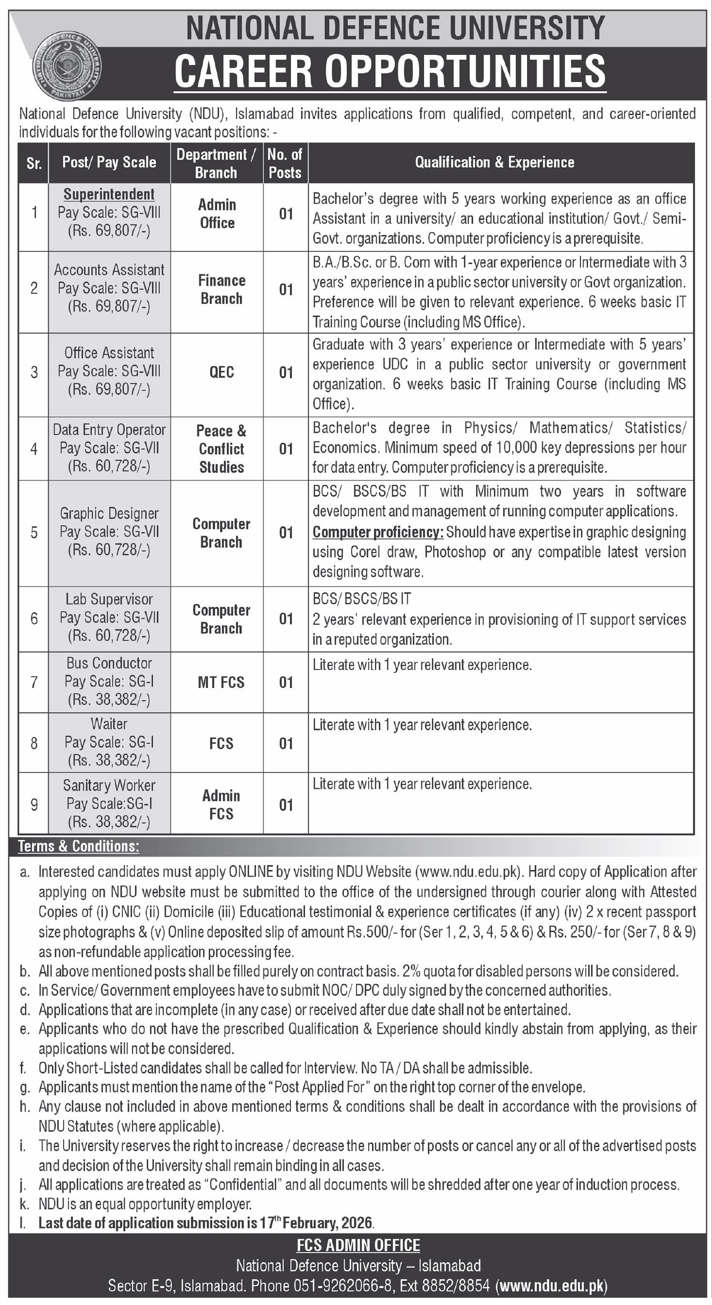 National Defence University NDU Islamabad Jobs 2026 – National Defence University, Pakistan Jobs 2026 — original advertisement