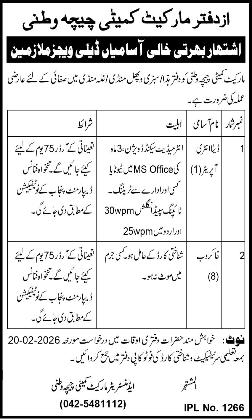Market Committee Chichawatni Jobs 2026 Data Entry Operator – Public Sector Organization Jobs 2026 — original advertisement