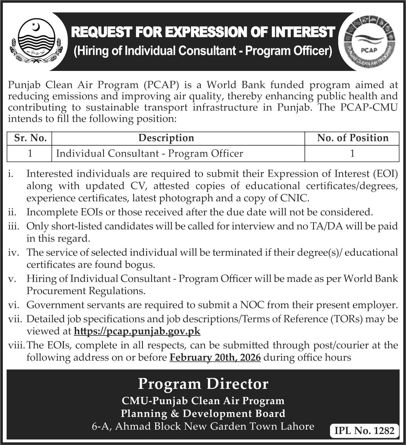 CMU Punjab Clean Air Program Lahore Jobs 2026 – Planning & Development Board Punjab Jobs 2026 — original advertisement