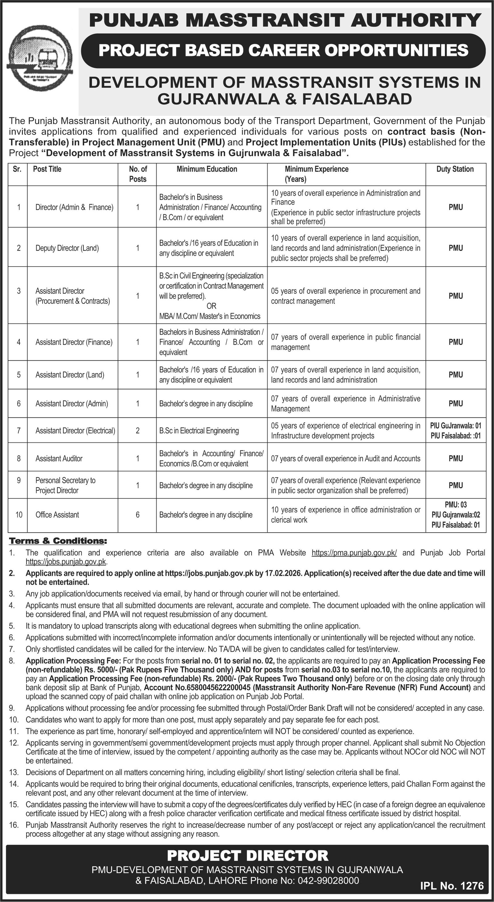 Punjab Masstransit Authority PMA Jobs 2026 For Director Jobs 2026 — original advertisement