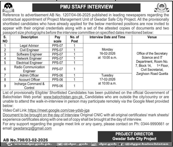 Gwadar Safe City Project PMU Jobs Interview 2026 – Quetta Safe City Project Jobs 2026 — original advertisement