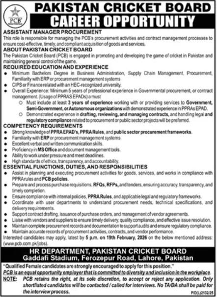 Pakistan Cricket Board PCB Lahore Job 2026 – Pakistan Cricket Board (PCB) Jobs 2026 — original advertisement