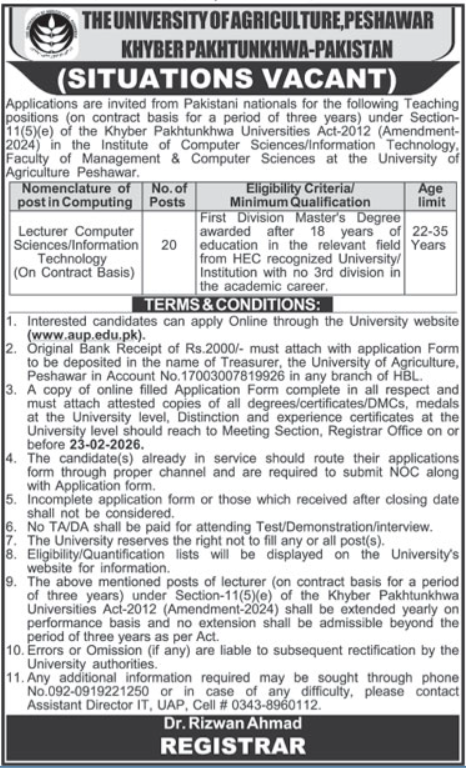 The University Of Agriculture Peshawar Job 2026 – University of Agriculture, Peshawar Jobs 2026 — original advertisement