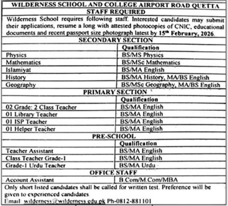 Wilderness School And College Quetta Jobs 2026 Jobs 2026 — original advertisement