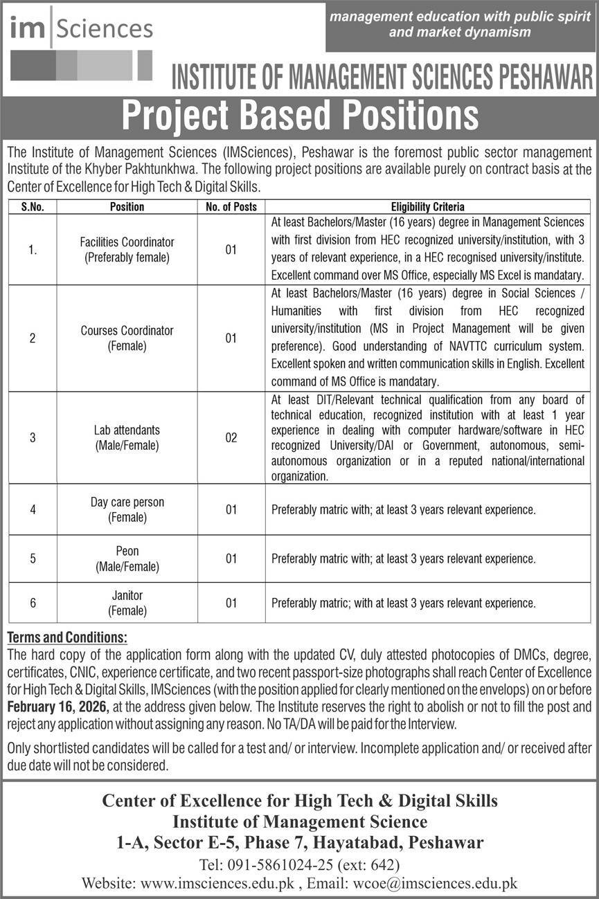 Institute Of Management Sciences IM Sciences Jobs 2026 – Institute of Management Sciences Peshawar Jobs 2026 — original advertisement