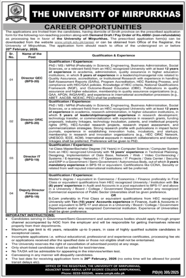 The University Of Mirpurkhas Jobs 2026 For Director QEC – The University Mirpurkhas Jobs 2026 — original advertisement