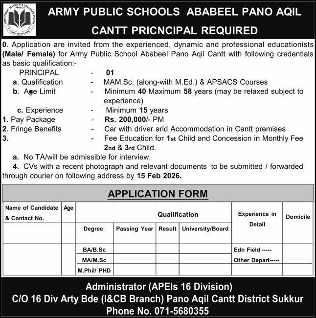 Army Public School APS Pano Aqil Jobs 2026 – Army Public School & College Paksitan Jobs 2026 — original advertisement
