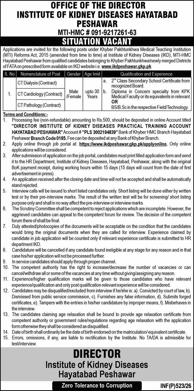 Institute Of Kidney Diseases IKD Peshawar Jobs 2026 – Institute of Kidney Diseases Peshawar Jobs 2026 — original advertisement