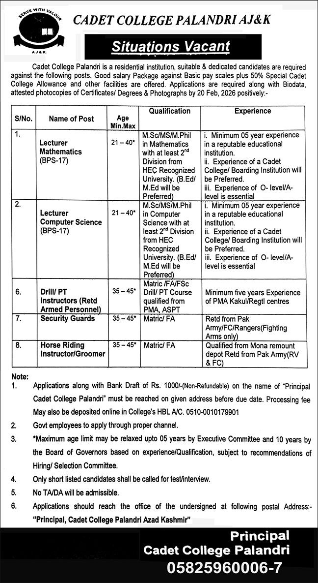 Cadet College Palandri Jobs 2026 – Cadet College Palandri Azad Kashmir Jobs 2026 — original advertisement
