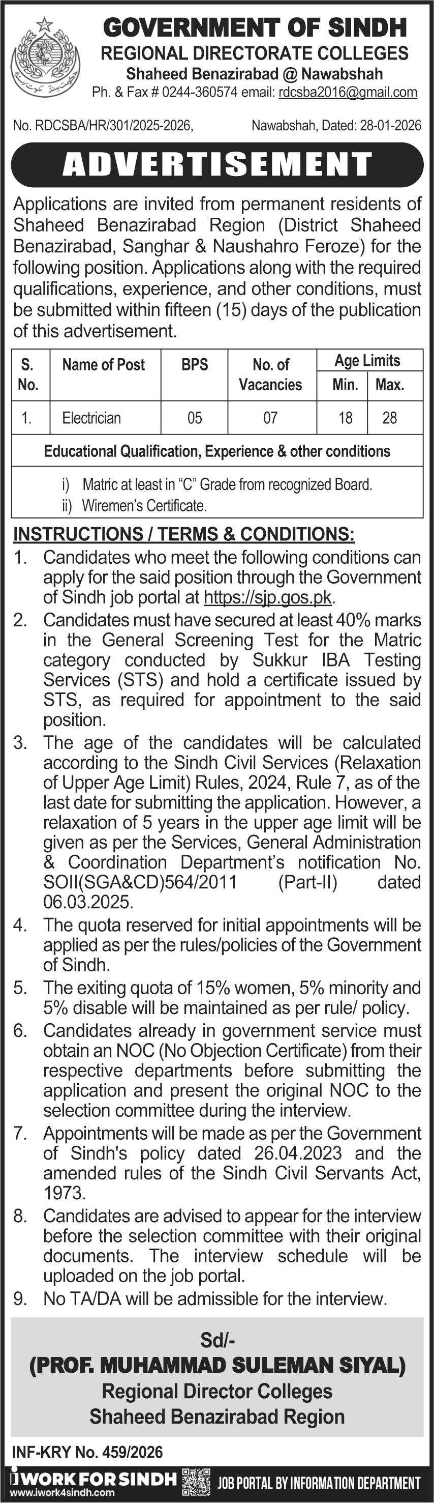 Regional Directorate Colleges Shaheed Benazirabad Jobs 2026 – Regional Directorate Of College Jobs 2026 — original advertisement