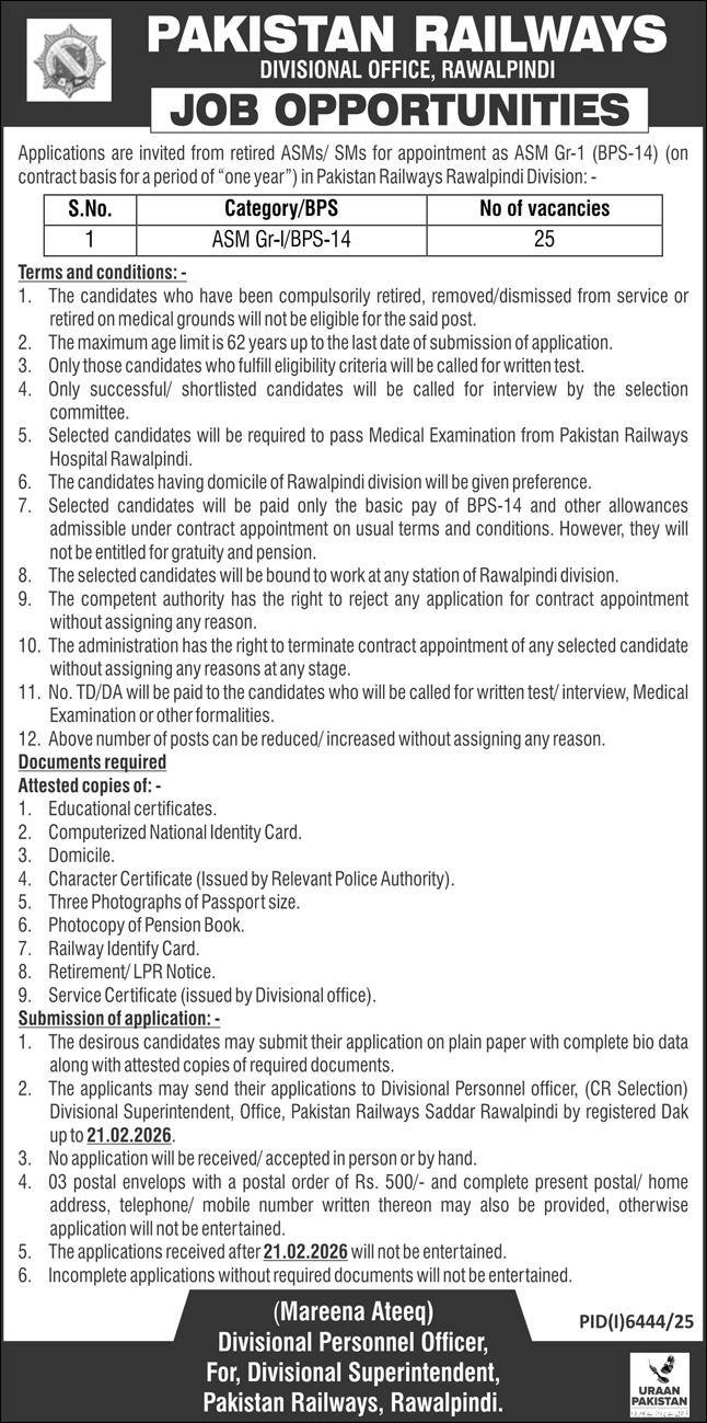 Pakistan Railways Divisional Office Rawalpindi Jobs 2026 – Ministry of Railways Islamabad Jobs 2026 — original advertisement