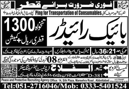 Bike Rider Jobs Open In Qatar 2026 – Al Falah Trade Test Jobs 2026 — original advertisement